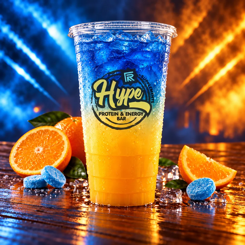 Blue and gold Hype caffeine-free drink