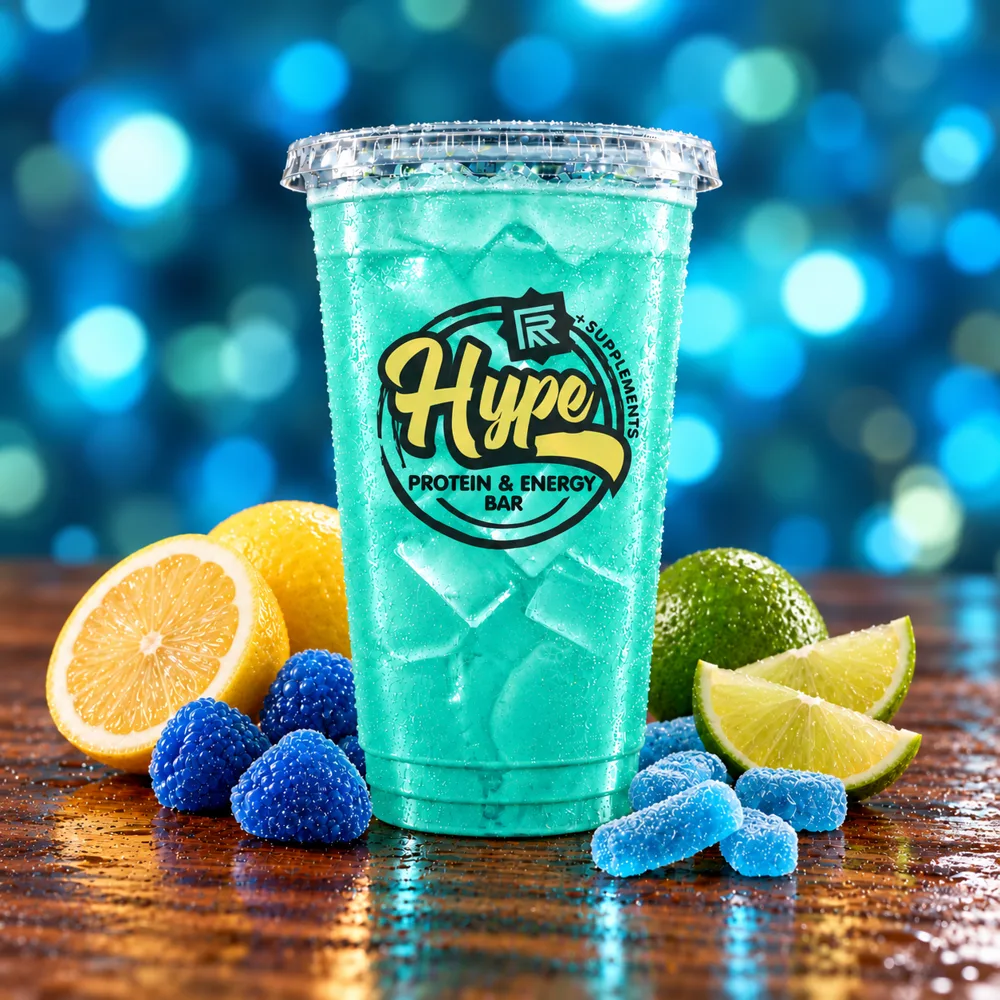 Bright teal Hype energized drink on a wooden counter
