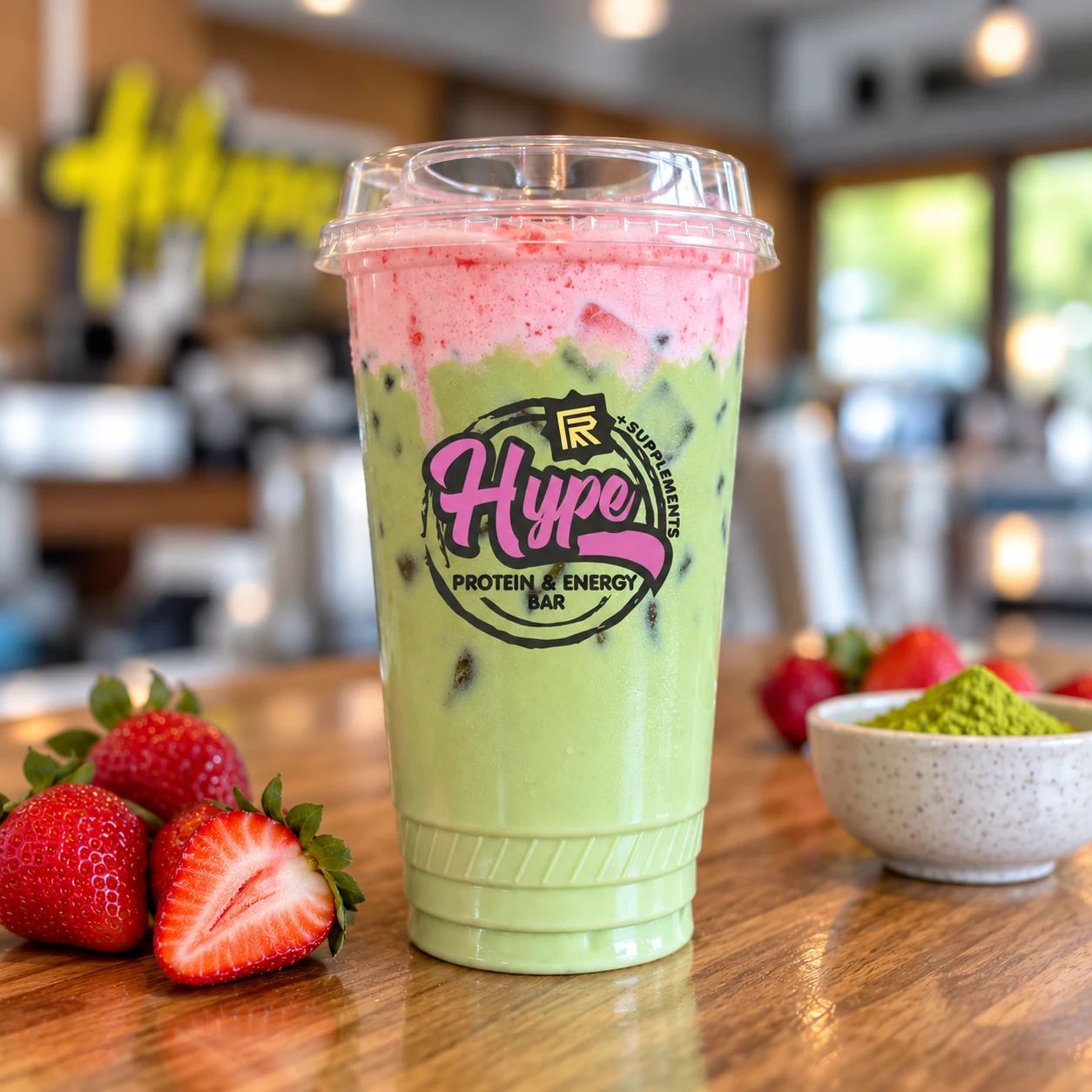 Hype strawberry matcha with strawberries